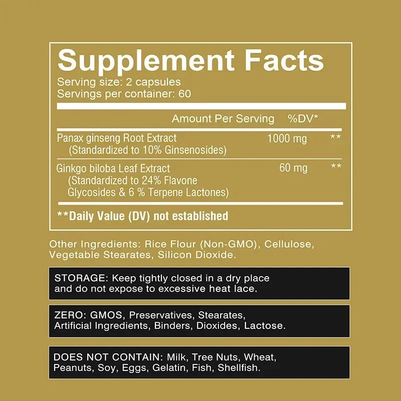 Panax Ginseng + Ginkgo Biloba - Improves Memory and Mental Performance,Immune Support, Maintain Overall Health