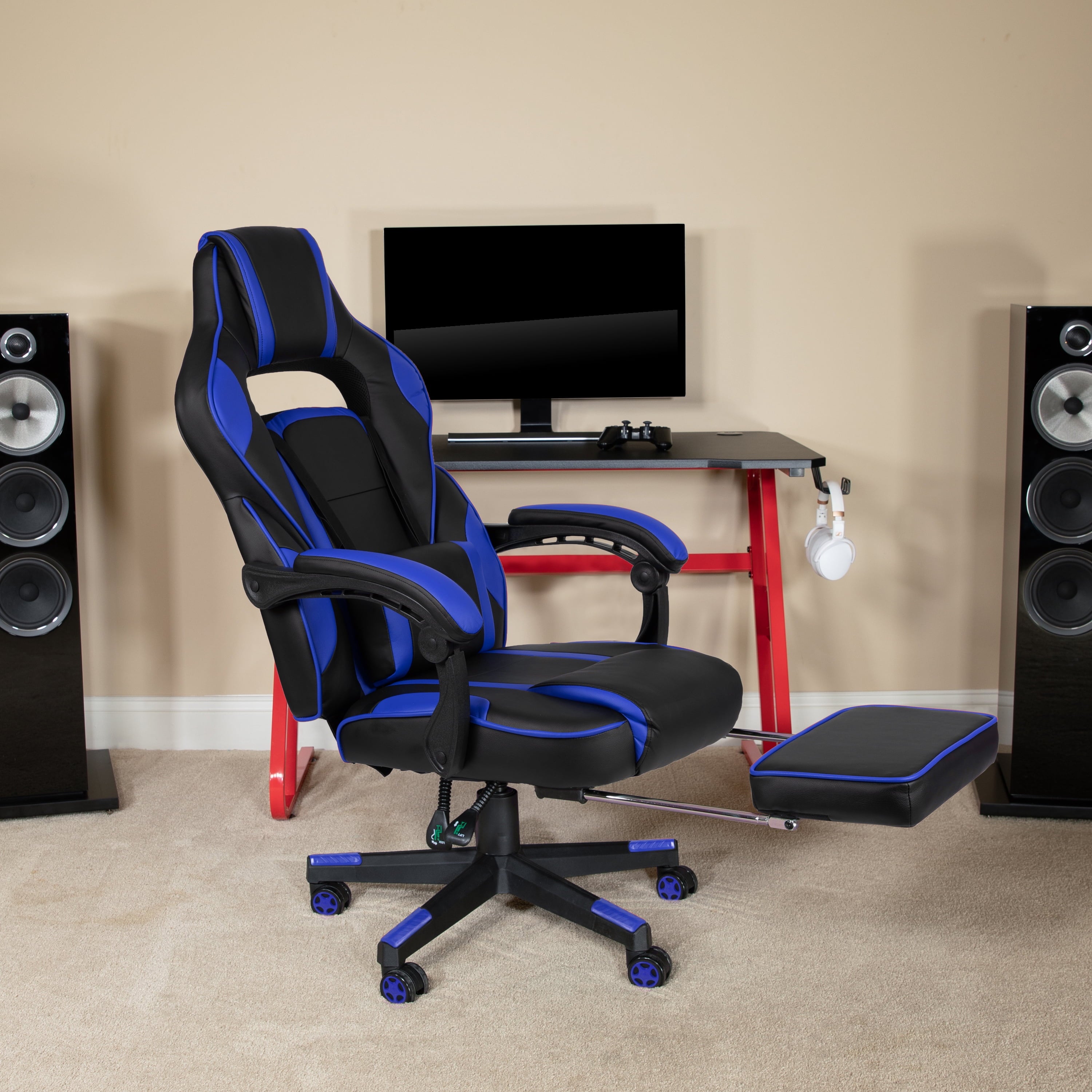 Black/Blue Ergonomic Gaming Chair -Recline Back/Arms, Footrest, Massaging Lumbar