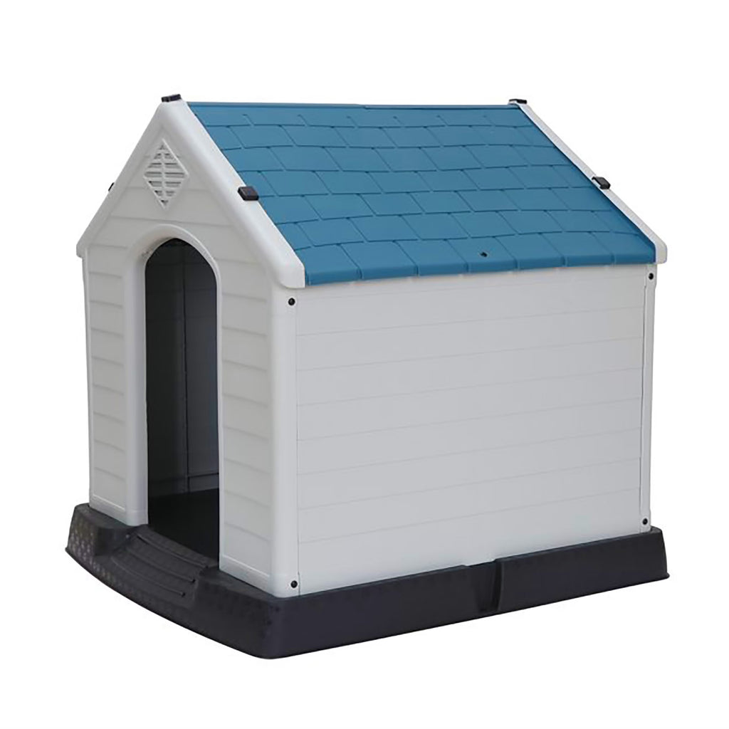 Plastic Indoor Outdoor Dog House Medium Pet Doghouse White, Blue Roof
