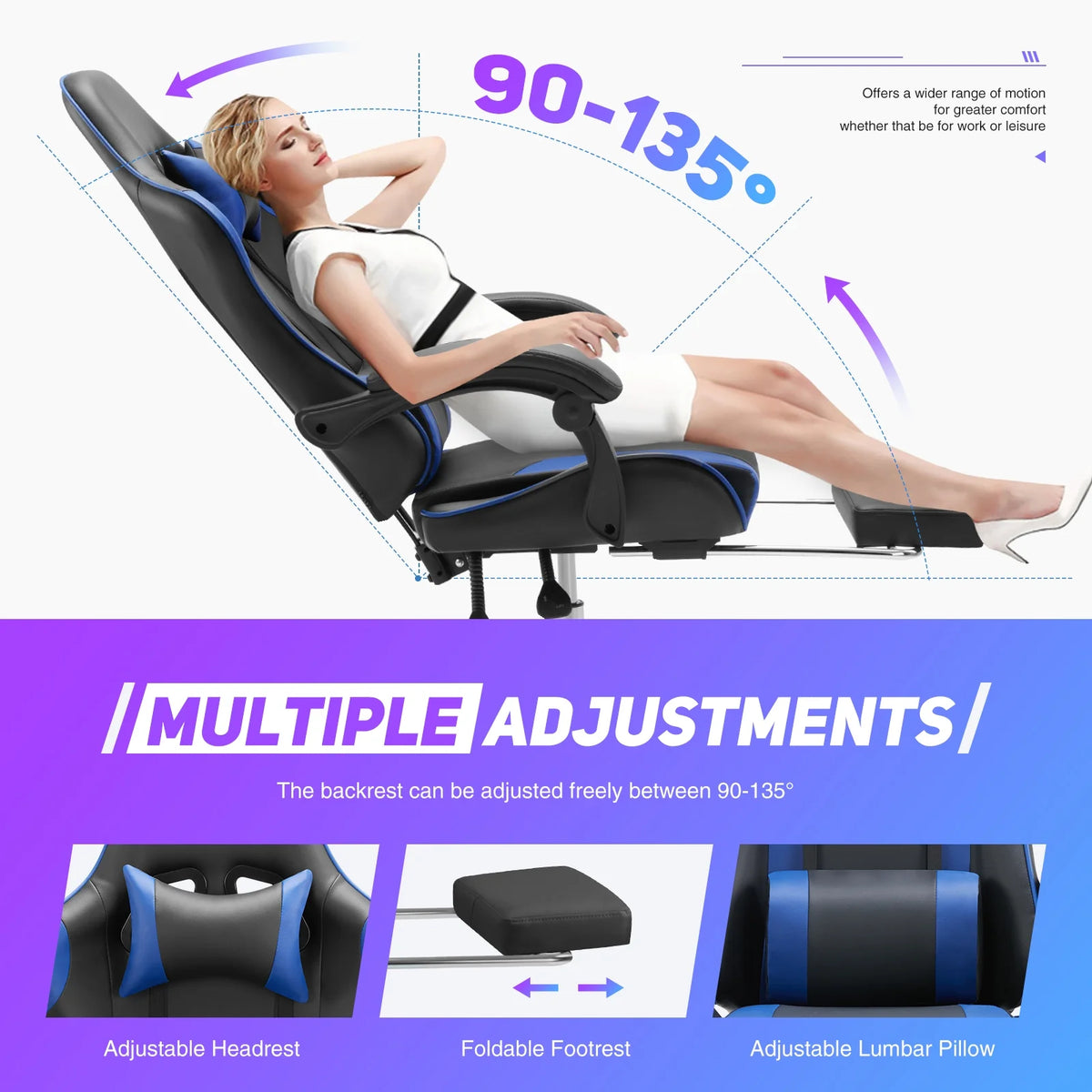 Gaming Chair with Headrest and Lumbar Pillow, Ergonomic Blue