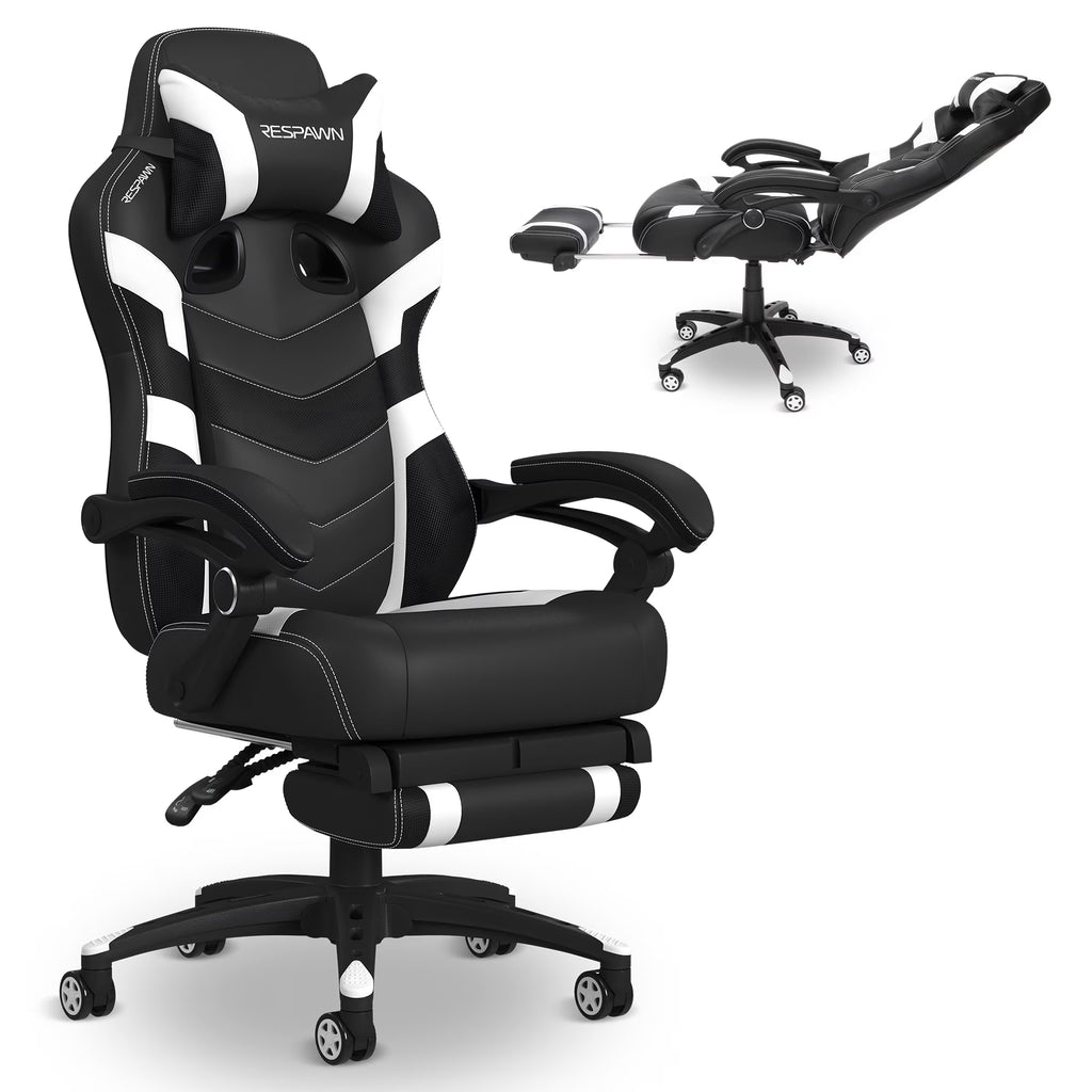 110 Pro Ergonomic Gaming Chair with Footrest for Adults - Comfortable Office Gaming Recliner with Lumbar Support and Headrest, Racing Style Video Game Chairs for Computer Gamer - White