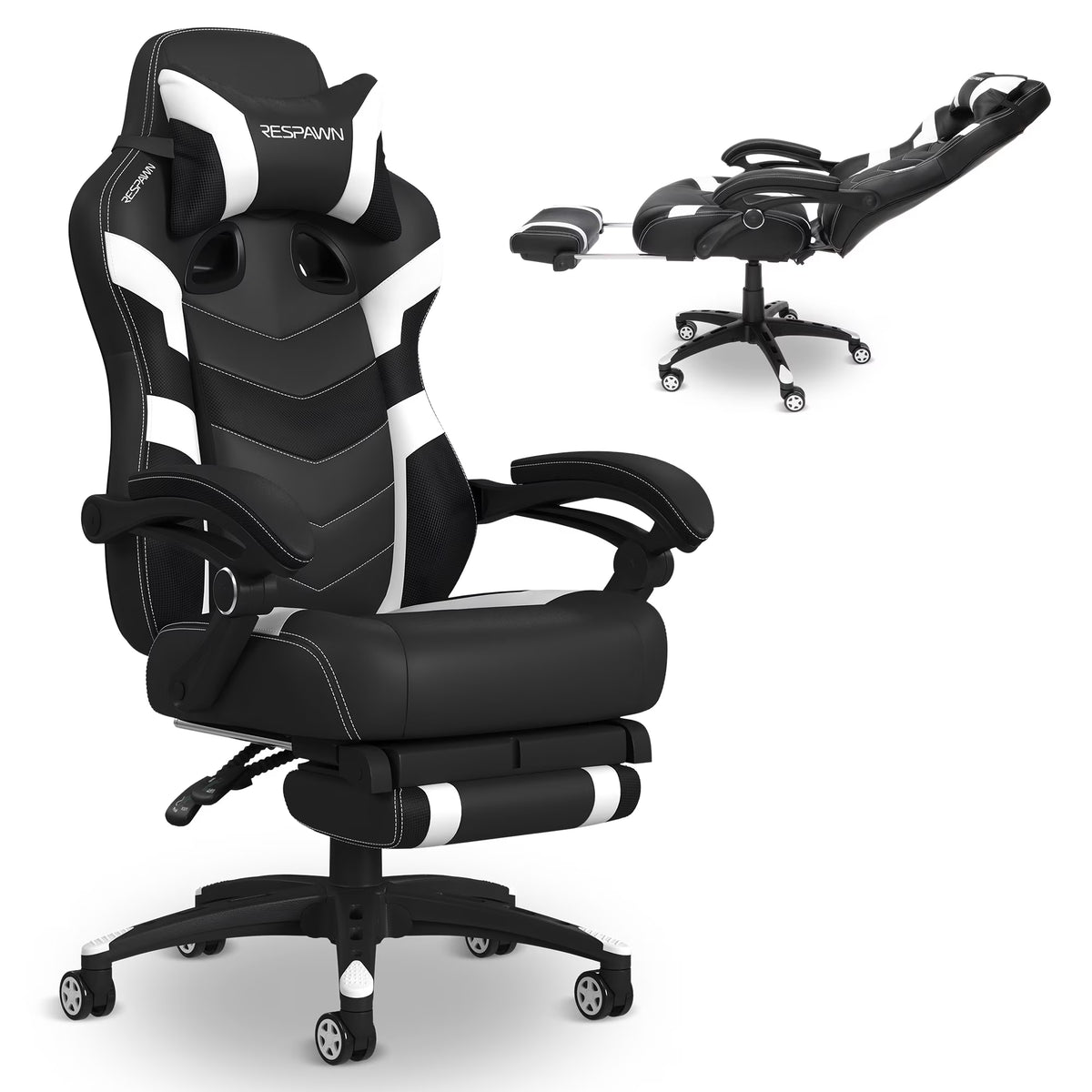 110 Pro Ergonomic Gaming Chair with Footrest for Adults - Comfortable Office Gaming Recliner with Lumbar Support and Headrest, Racing Style Video Game Chairs for Computer Gamer - White