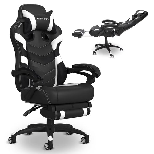 110 Pro Ergonomic Gaming Chair with Footrest for Adults - Comfortable Office Gaming Recliner with Lumbar Support and Headrest, Racing Style Video Game Chairs for Computer Gamer - White