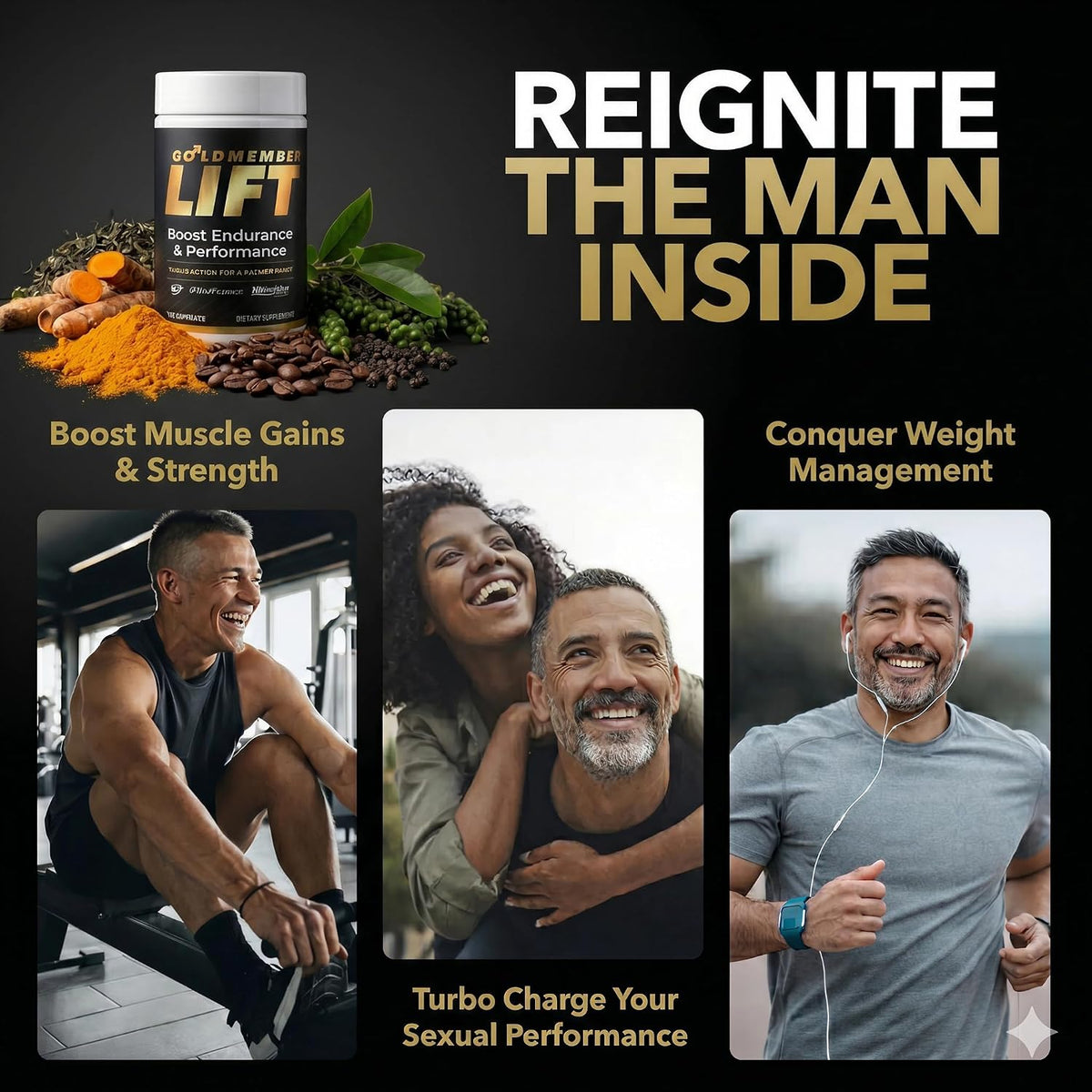 Goldmember Lift – Natural Male Blood Flow Supplement - Sexual Enhancement, Size, Stamina & Performance with Nitrosigine, Trans-Resveratrol, S7 Plant Blend, Bioperine – Made in the USA, 180 Capsules