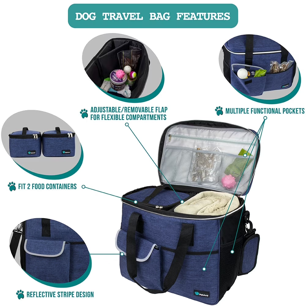 Dog Travel Bag, Travel Pet Bag Organizer, Dog Food Travel Bag with Food Container and Bowls, Dog Travel Supplies Gift Accessories for Weekend Camping, Dog Cat Diaper Bag (Navy, Large)
