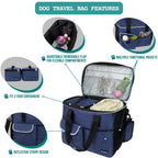Dog Travel Bag, Travel Pet Bag Organizer, Dog Food Travel Bag with Food Container and Bowls, Dog Travel Supplies Gift Accessories for Weekend Camping, Dog Cat Diaper Bag (Navy, Large)