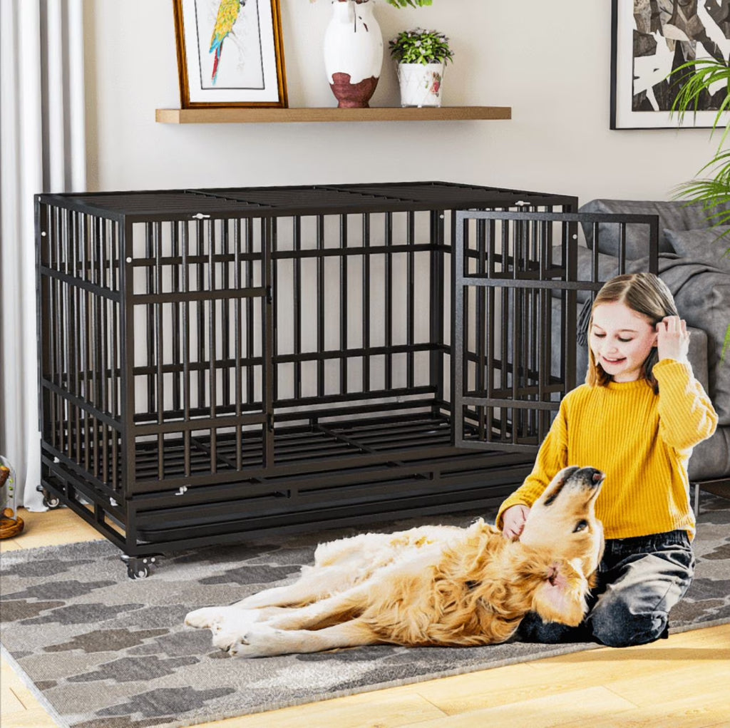 48 Inch Heavy Duty Indestructible Dog Crate W/ Double Doors Indoor Extra Large Dog Crate W/ Self-Locking Latch & Removable Tray