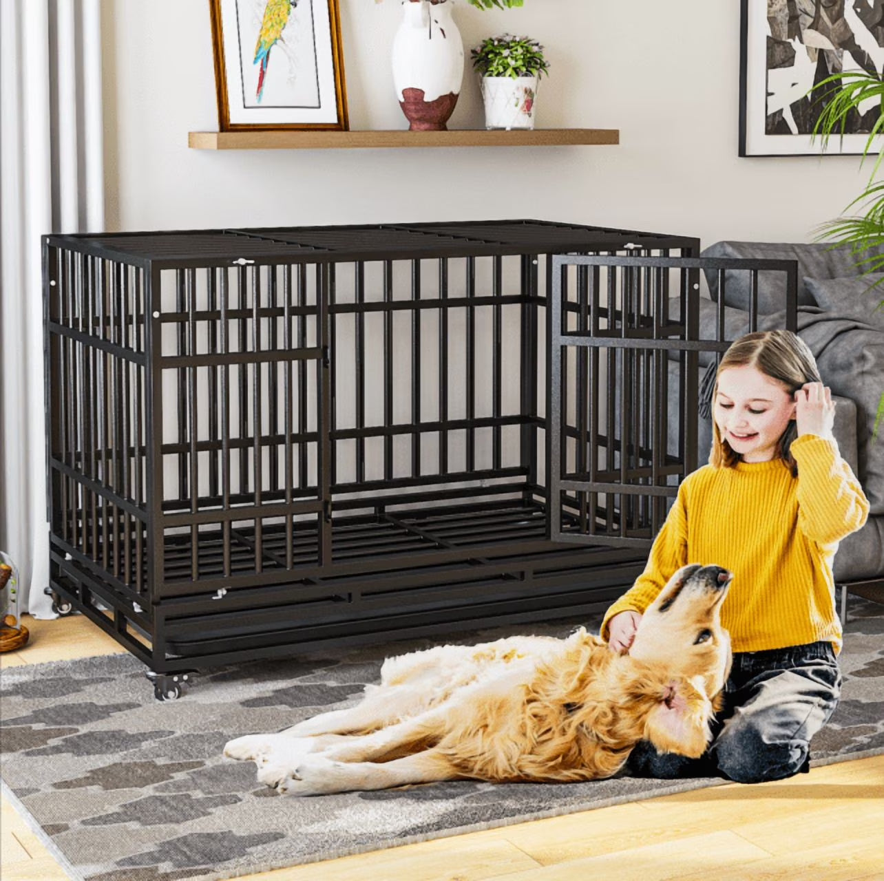 48 Inch Heavy Duty Indestructible Dog Crate W/ Double Doors Indoor Extra Large Dog Crate W/ Self-Locking Latch & Removable Tray