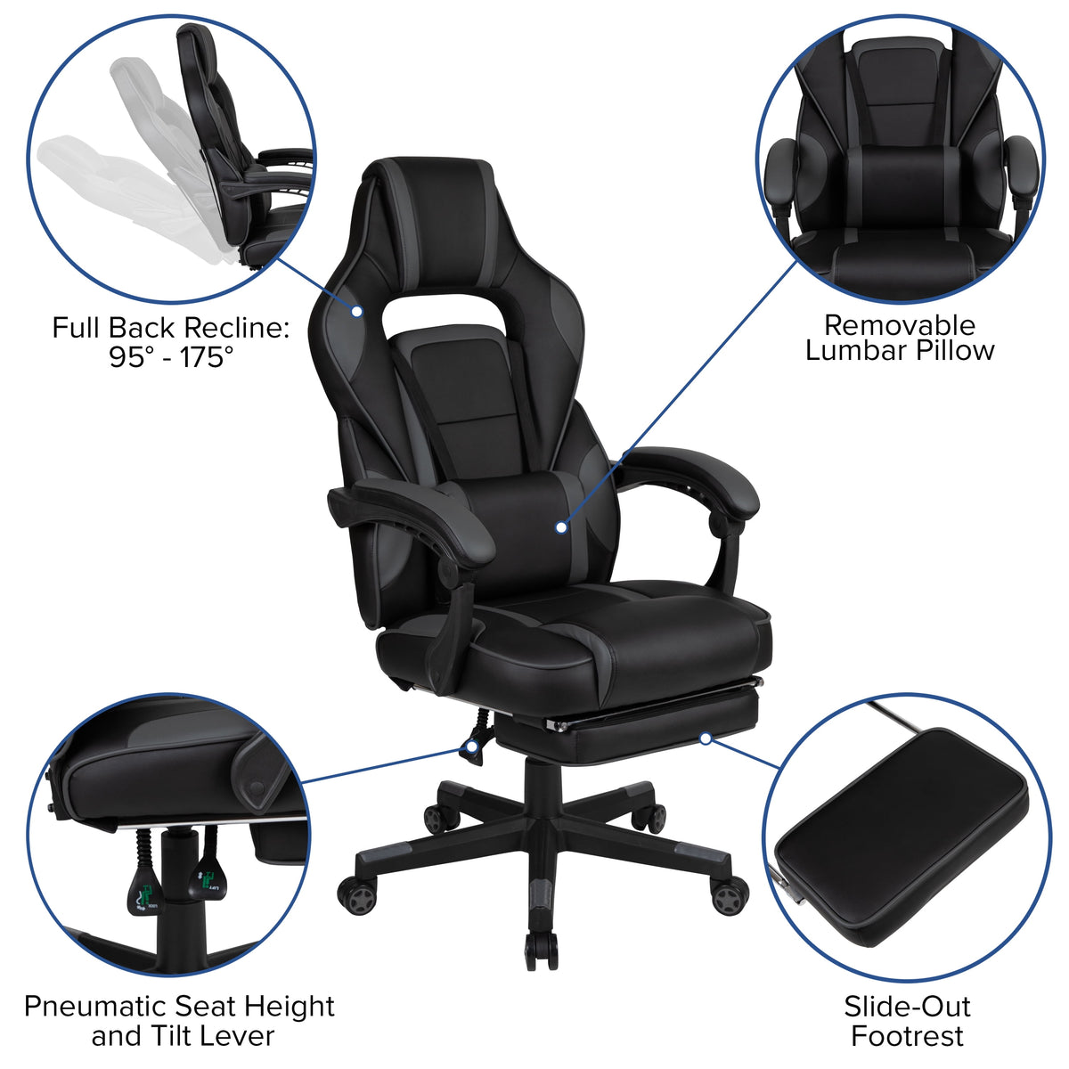 Black/Gray Ergonomic Gaming Chair -Recline Back/Arms, Footrest, Massaging Lumbar