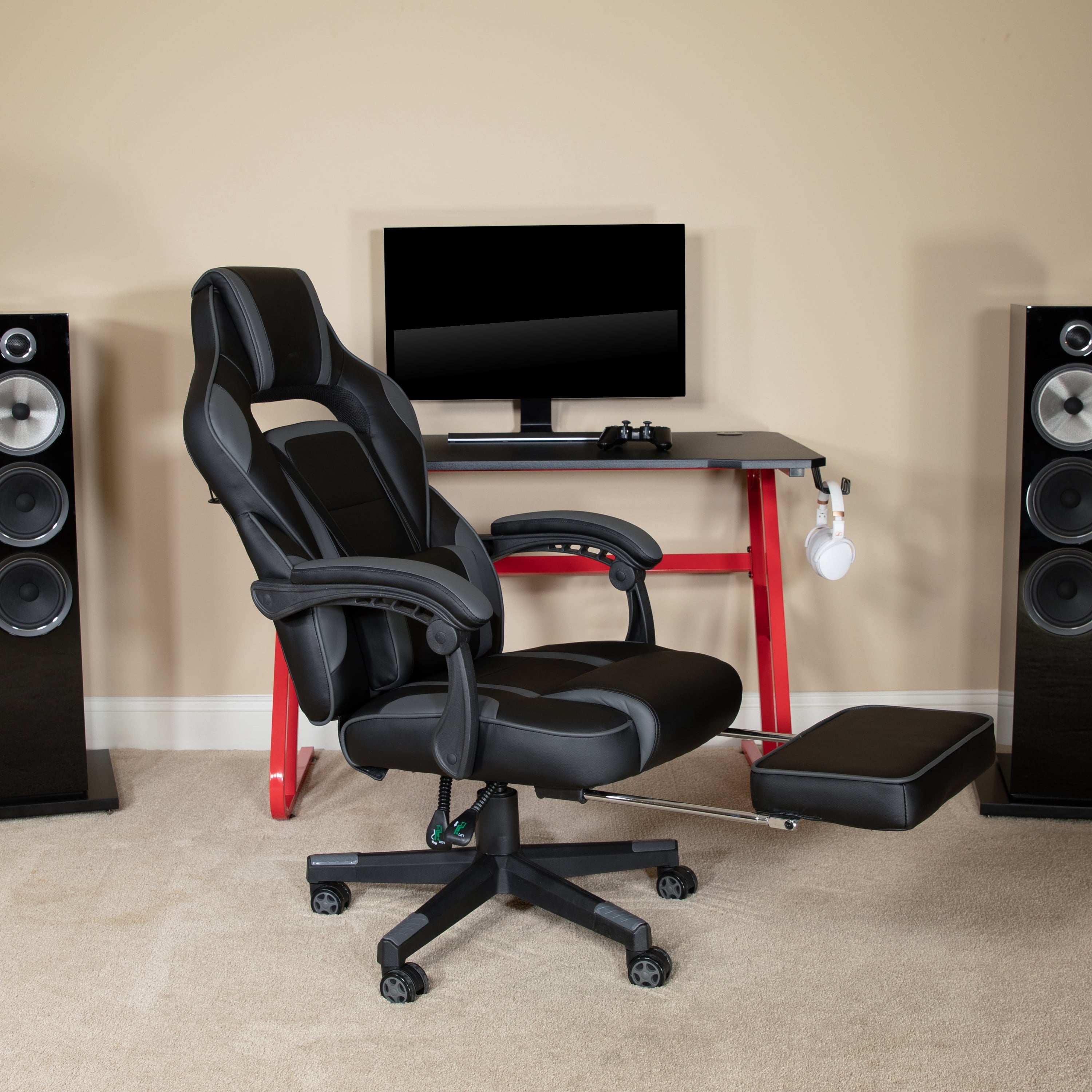 Black/Gray Ergonomic Gaming Chair -Recline Back/Arms, Footrest, Massaging Lumbar