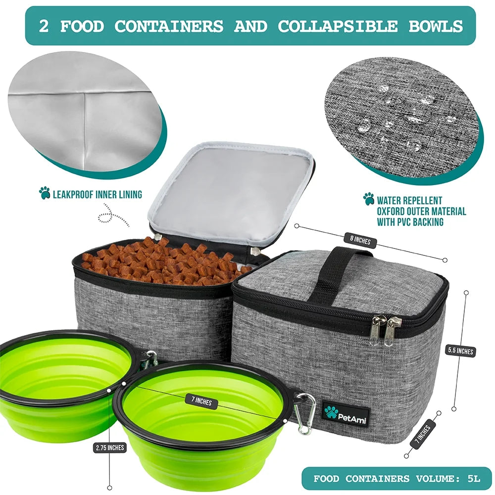 Dog Travel Bag, Travel Pet Bag Organizer, Dog Food Travel Bag with Food Container and Bowls, Dog Travel Supplies Gift Accessories for Weekend Camping, Dog Cat Diaper Bag (Grey, Large)