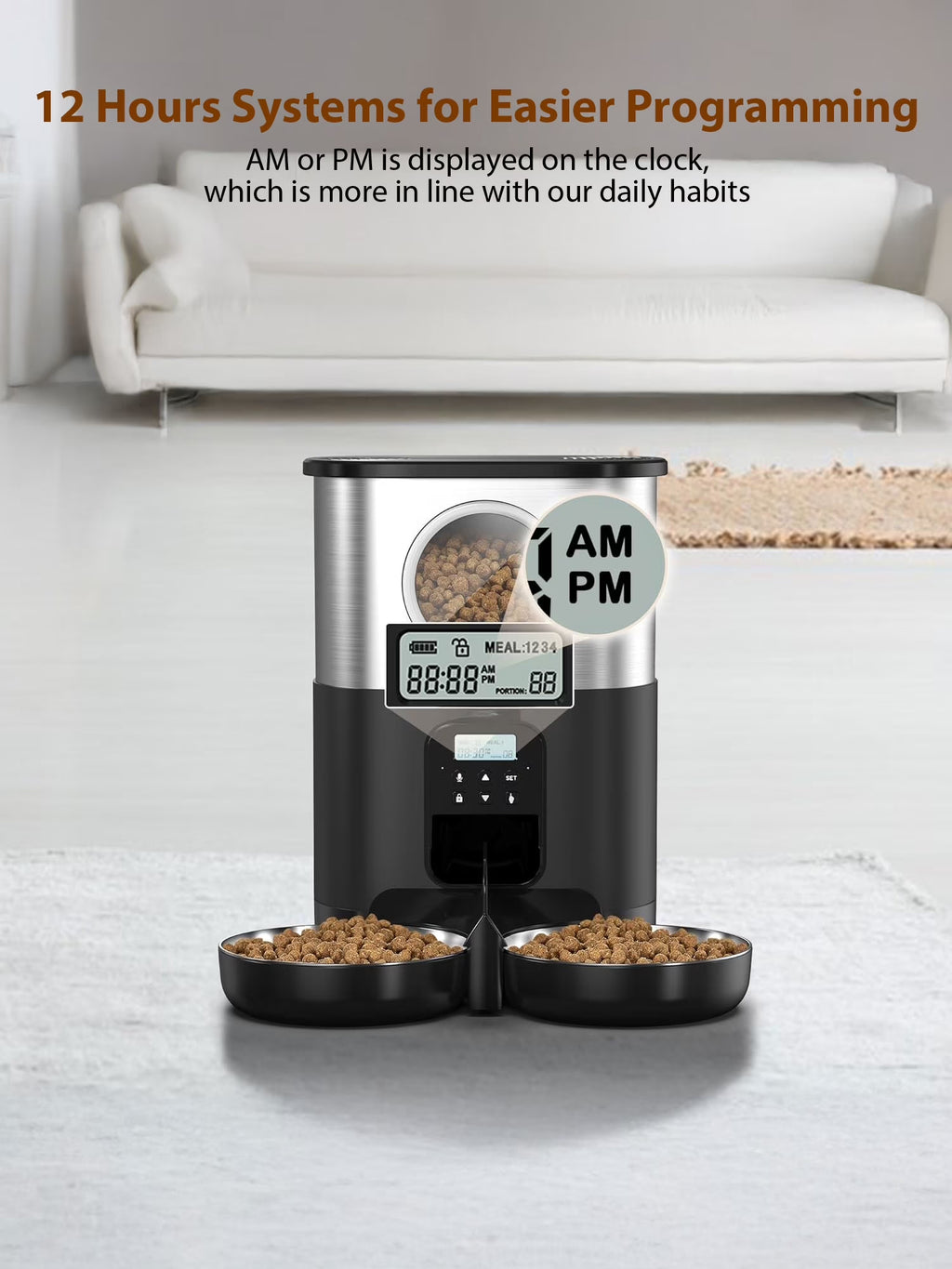 5L/20 Cups Large Capacity Automatic Cat Feeder for 2 Cats, with Timer and Voice Function, Cats Dry Food Dispenser with 2 Stainless Steel Bowl for Pets - Black