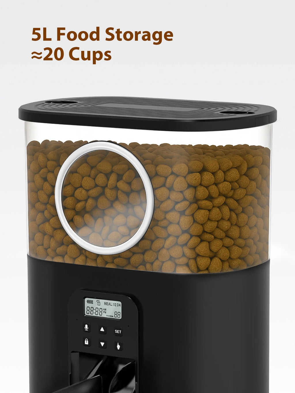 5L/20 Cups Large Capacity Automatic Cat Feeder for 2 Cats, with Timer and Voice Function, Cats Dry Food Dispenser with 2 Stainless Steel Bowl for Pets - Black