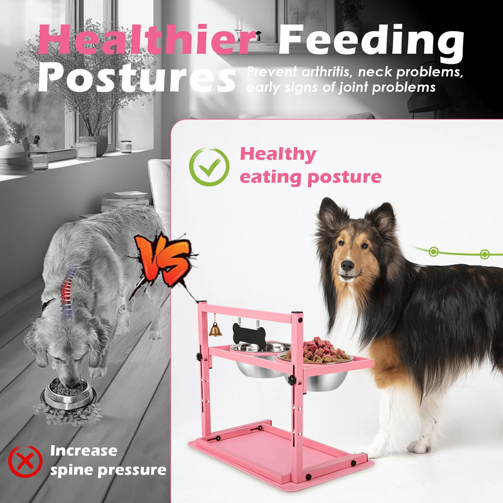 Pink Raised Dog Bowl Stand with Two 1700Ml Stainless Steel Food Bowl, a Slow Dog Bowls and Mat, , Height Adjustable from 4.5In to 12In