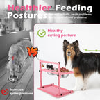 Pink Raised Dog Bowl Stand with Two 1700Ml Stainless Steel Food Bowl, a Slow Dog Bowls and Mat, , Height Adjustable from 4.5In to 12In