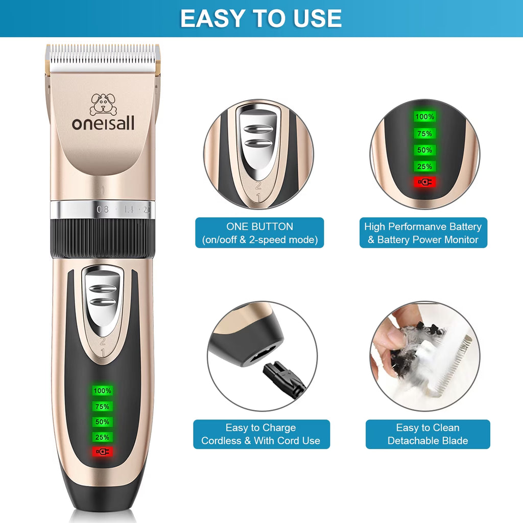 Dog Clippers 50Db Low Noise, 2-Speed Quiet Dog Grooming Kit Rechargeable Cordless Pet Hair Clipper Trimmer Shaver for Small and Large Dogs Cats Animals - Gold