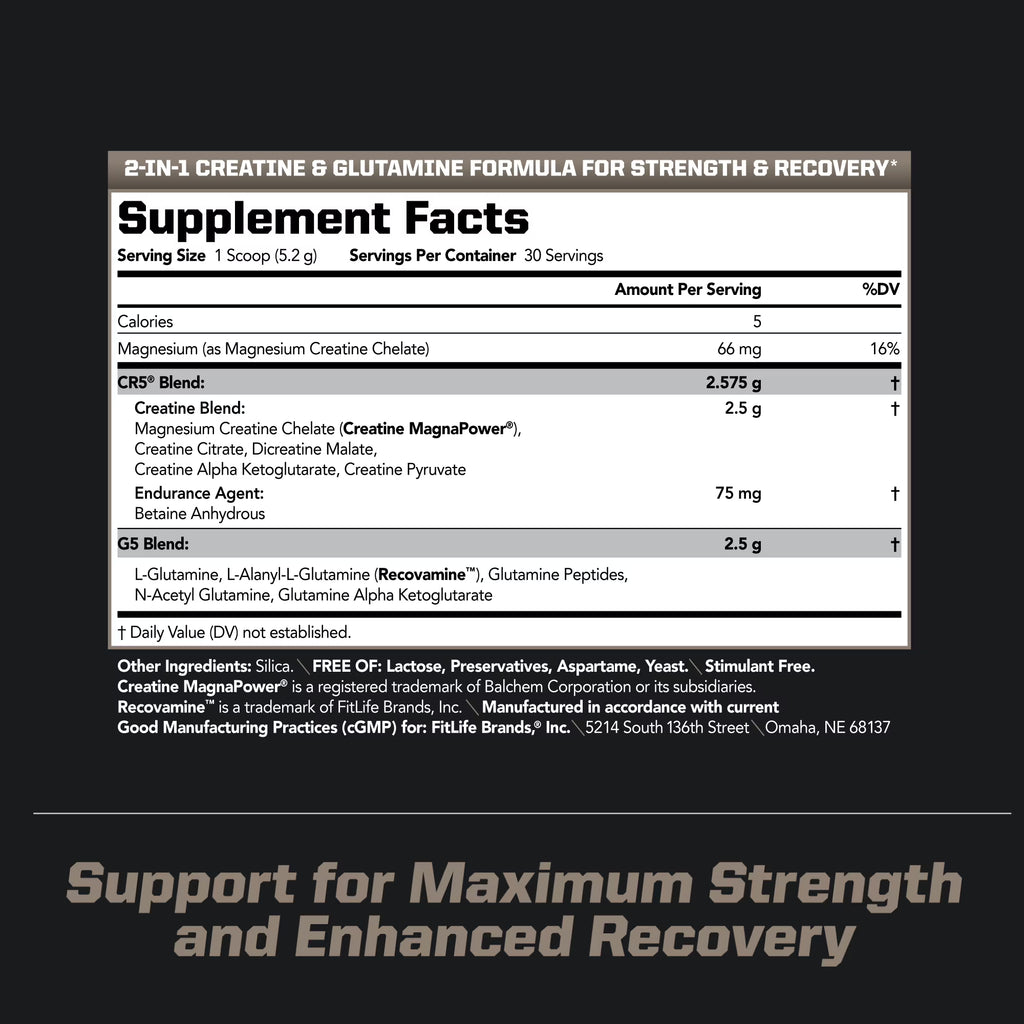 Sports CG5 - Premium Creatine and L Glutamine Powder - Maximum Strength Power Recovery, Build Lean Muscle, Increase Workout Performance - Pre Workout and Post Workout - Unflavored (30 Servings)