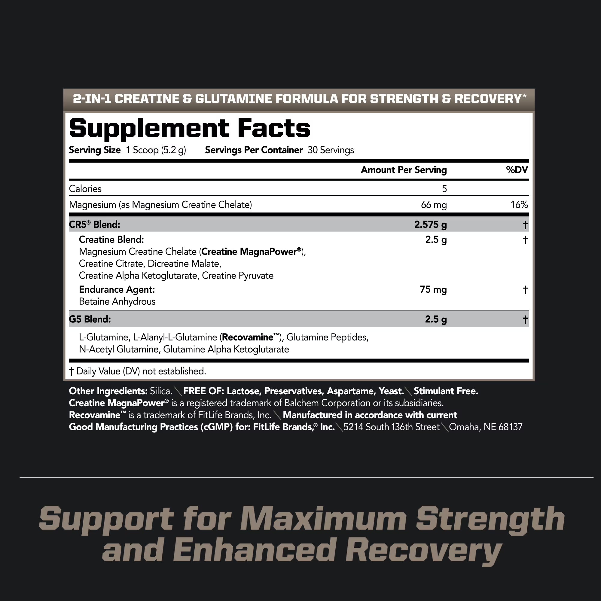 Sports CG5 - Premium Creatine and L Glutamine Powder - Maximum Strength Power Recovery, Build Lean Muscle, Increase Workout Performance - Pre Workout and Post Workout - Unflavored (30 Servings)