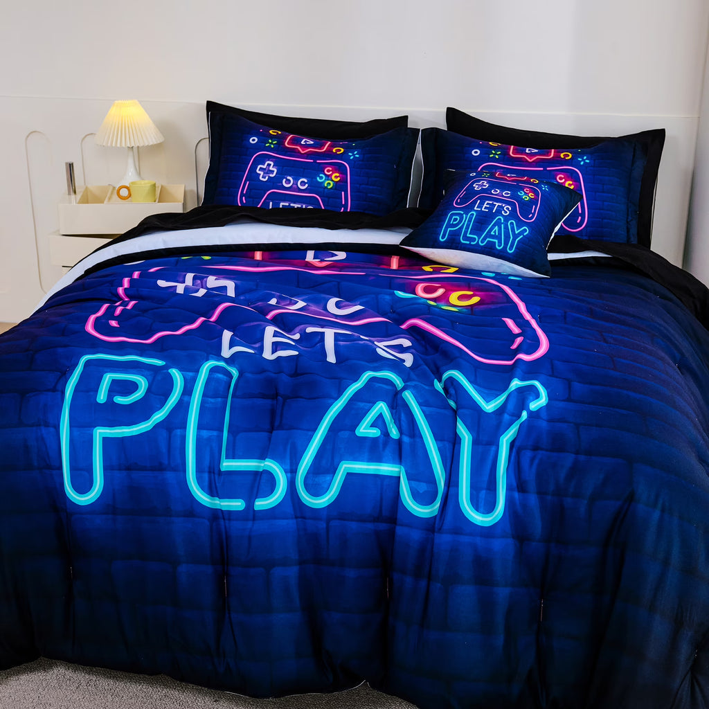 8 Pieces Neon Gamer Comforter Set Full Size for Boys, Kids Bedroom Decor Soft Gaming Bedding, Video Game Controller Design Bed Set, Black Purple