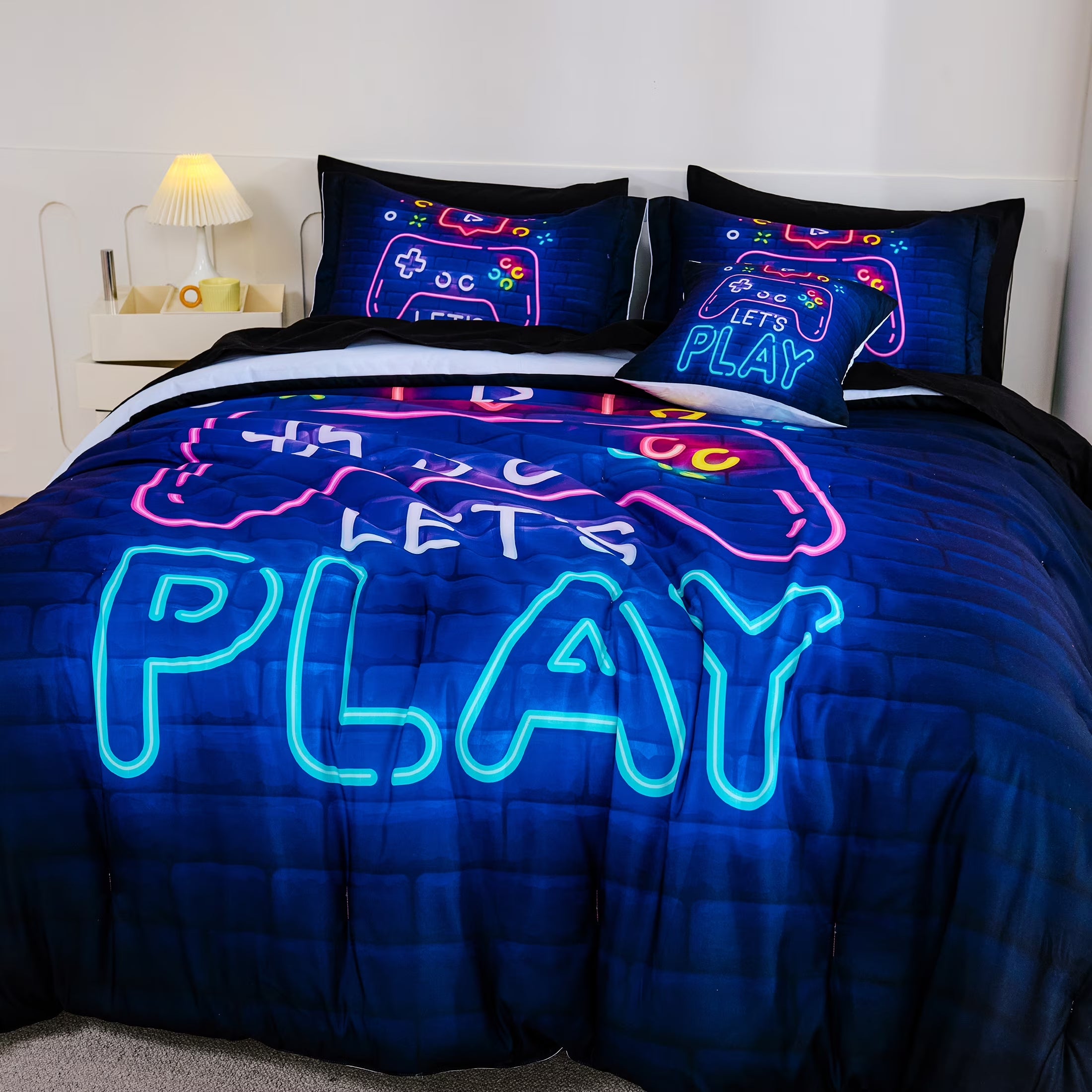 8 Pieces Neon Gamer Comforter Set Full Size for Boys, Kids Bedroom Decor Soft Gaming Bedding, Video Game Controller Design Bed Set, Black Purple