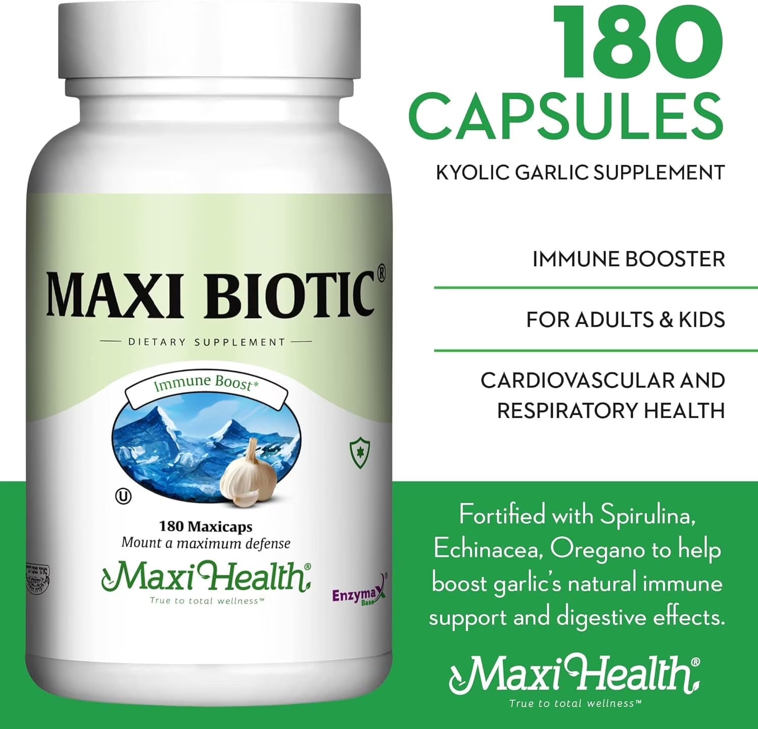 Maxi Health Maxi Biotic Aged Garlic Extract for Adults – Kyolic Garlic, Echinacea & Spirulina – 180 Caps