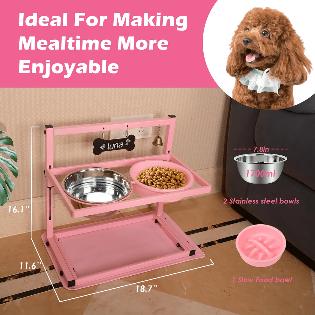 Pink Raised Dog Bowl Stand with Two 1700Ml Stainless Steel Food Bowl, a Slow Dog Bowls and Mat, , Height Adjustable from 4.5In to 12In