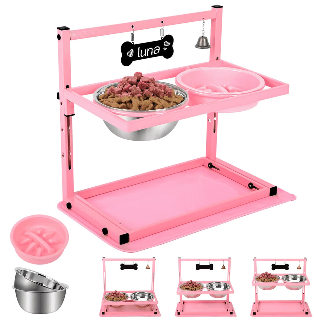 Pink Raised Dog Bowl Stand with Two 1700Ml Stainless Steel Food Bowl, a Slow Dog Bowls and Mat, , Height Adjustable from 4.5In to 12In