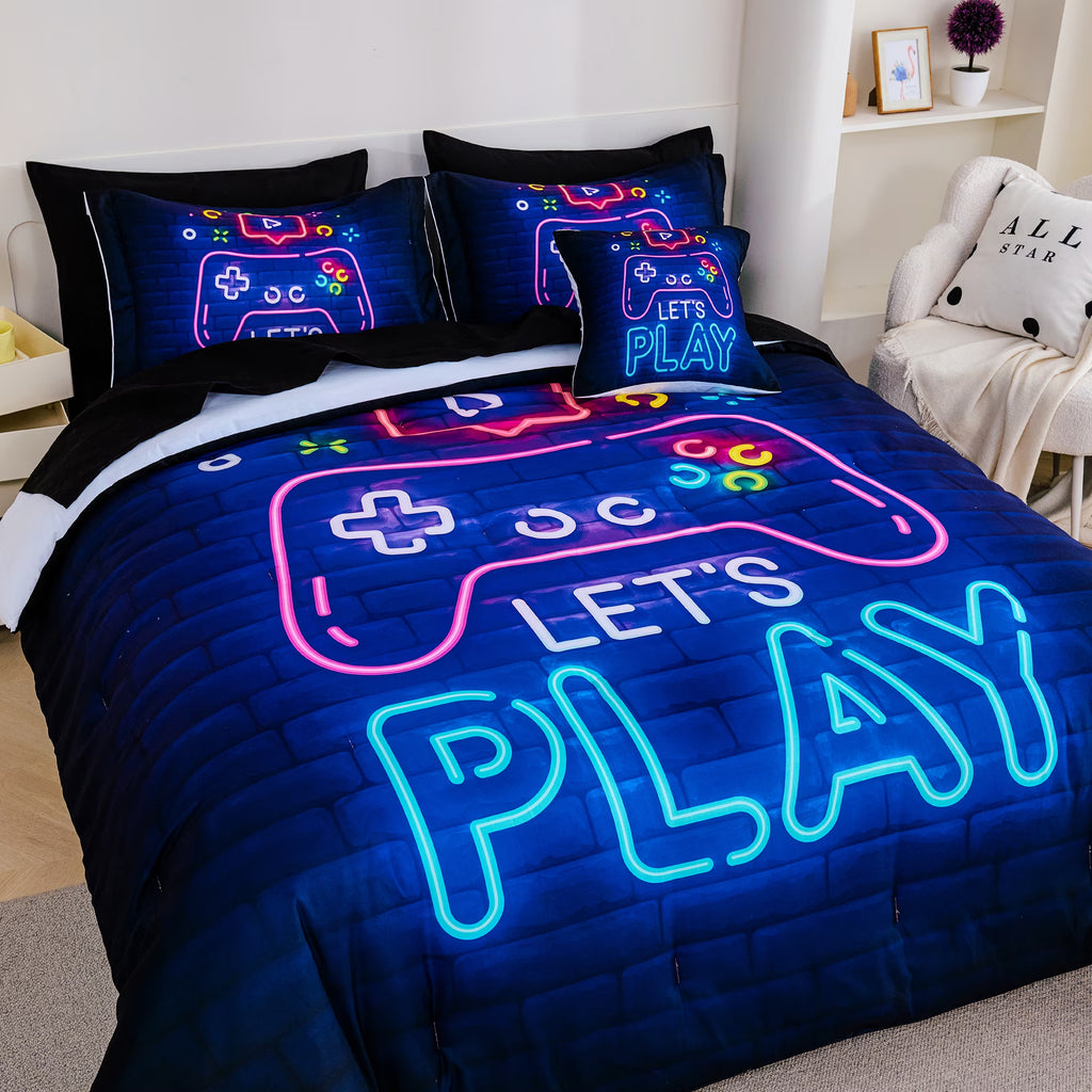 8 Pieces Neon Gamer Comforter Set Full Size for Boys, Kids Bedroom Decor Soft Gaming Bedding, Video Game Controller Design Bed Set, Black Purple
