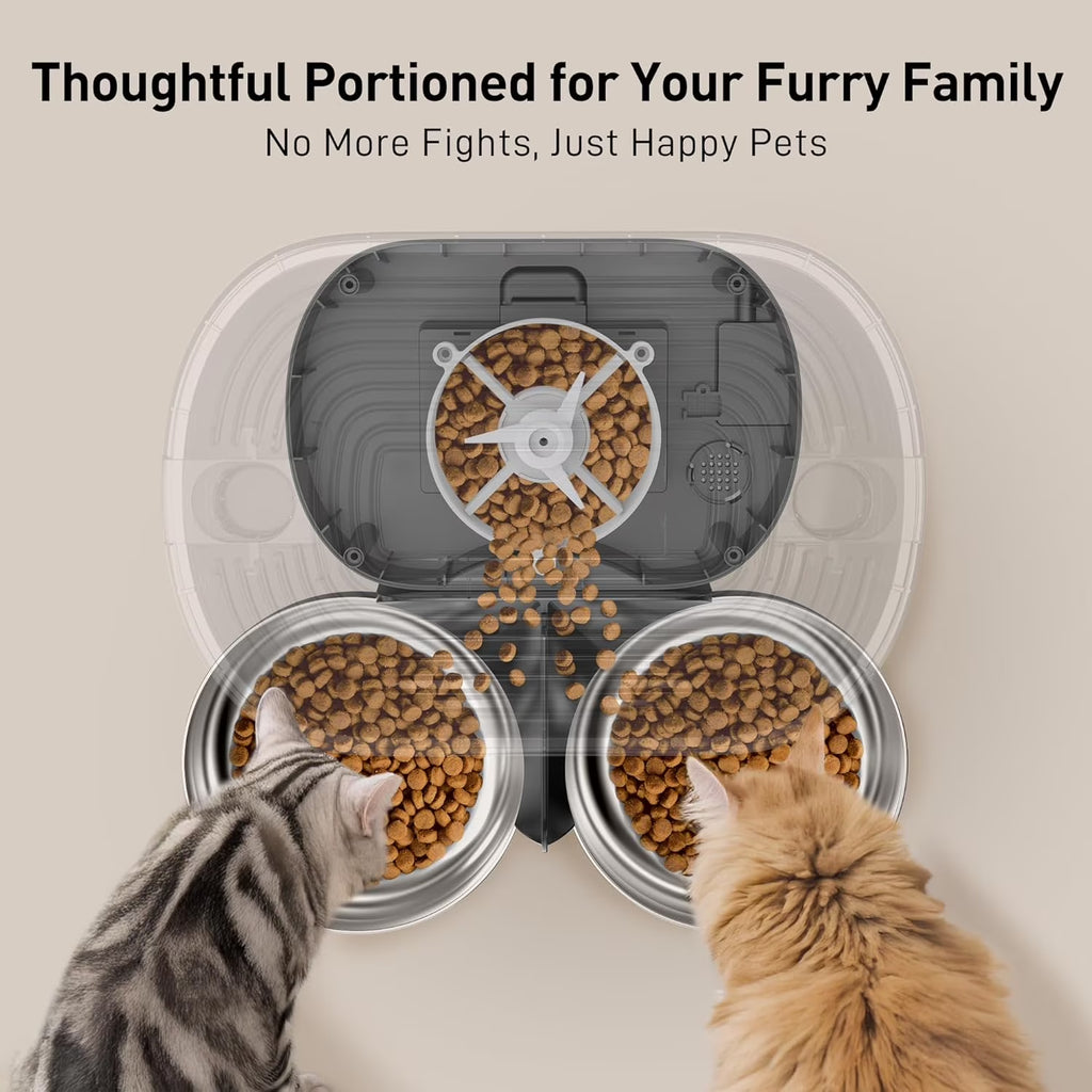 5L/20 Cups Large Capacity Automatic Cat Feeder for 2 Cats, with Timer and Voice Function, Cats Dry Food Dispenser with 2 Stainless Steel Bowl for Pets - Black