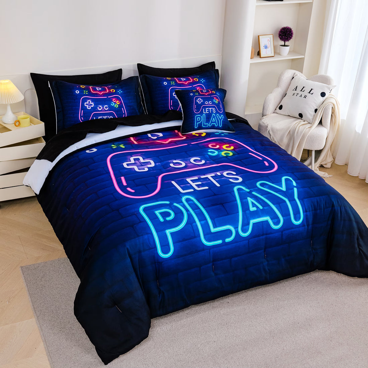 8 Pieces Neon Gamer Comforter Set Full Size for Boys, Kids Bedroom Decor Soft Gaming Bedding, Video Game Controller Design Bed Set, Black Purple