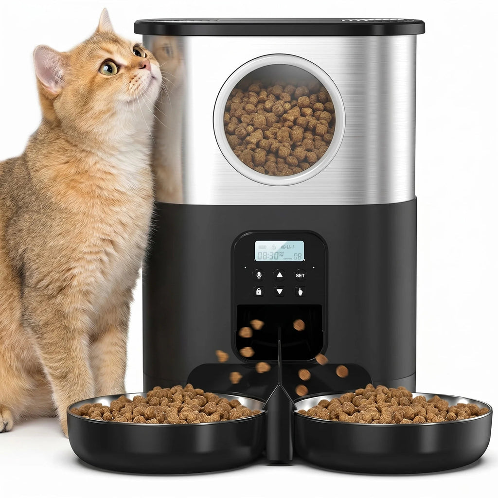 5L/20 Cups Large Capacity Automatic Cat Feeder for 2 Cats, with Timer and Voice Function, Cats Dry Food Dispenser with 2 Stainless Steel Bowl for Pets - Black