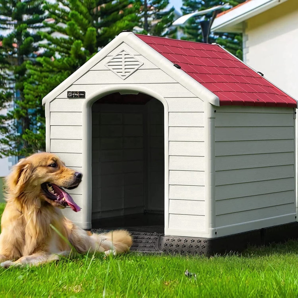 Durable Waterproof Plastic Dog House for Small to Large Sized Dogs, Indoor Outdoor Doghouse with Elevated Floor