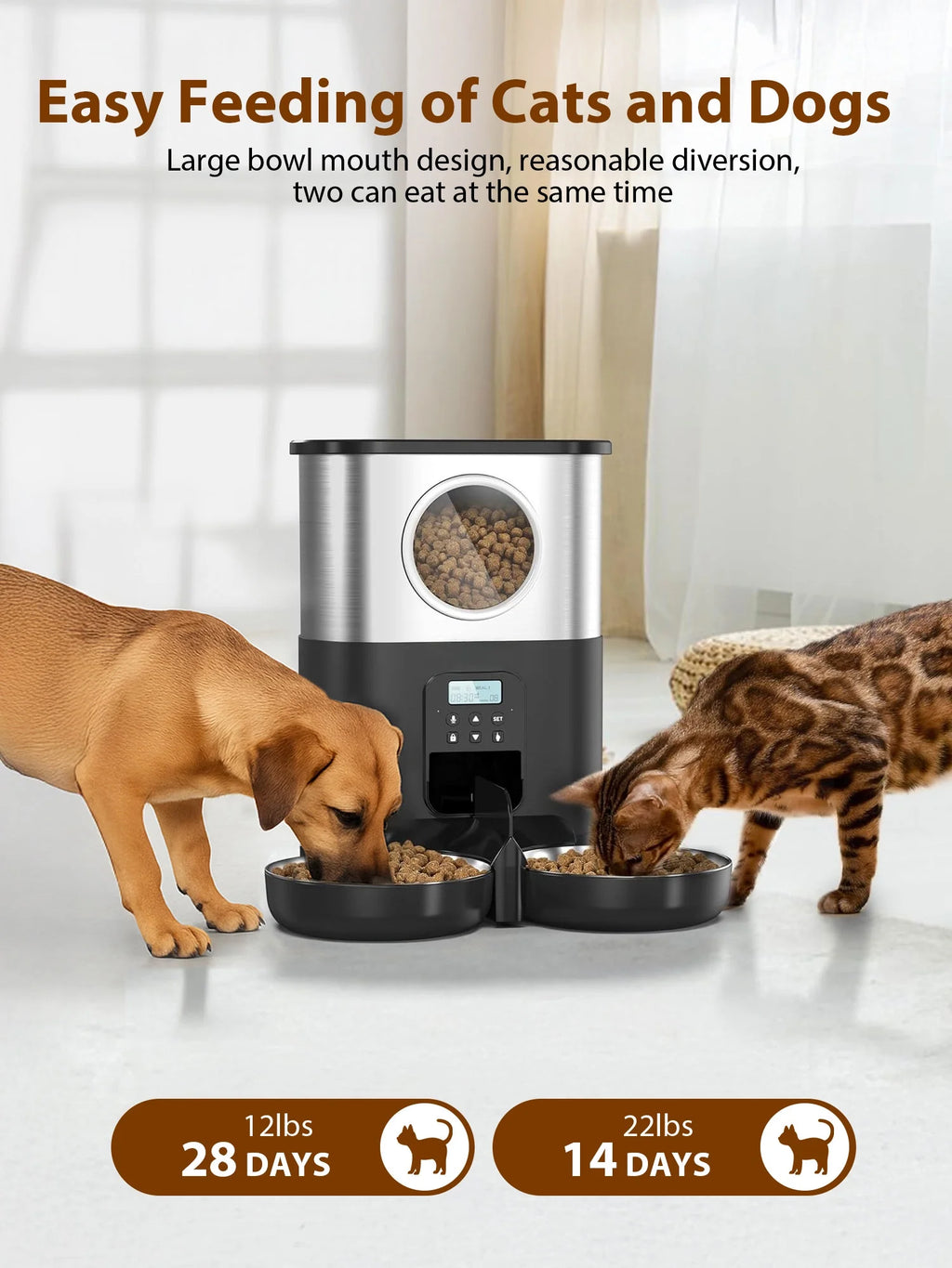 5L/20 Cups Large Capacity Automatic Cat Feeder for 2 Cats, with Timer and Voice Function, Cats Dry Food Dispenser with 2 Stainless Steel Bowl for Pets - Black
