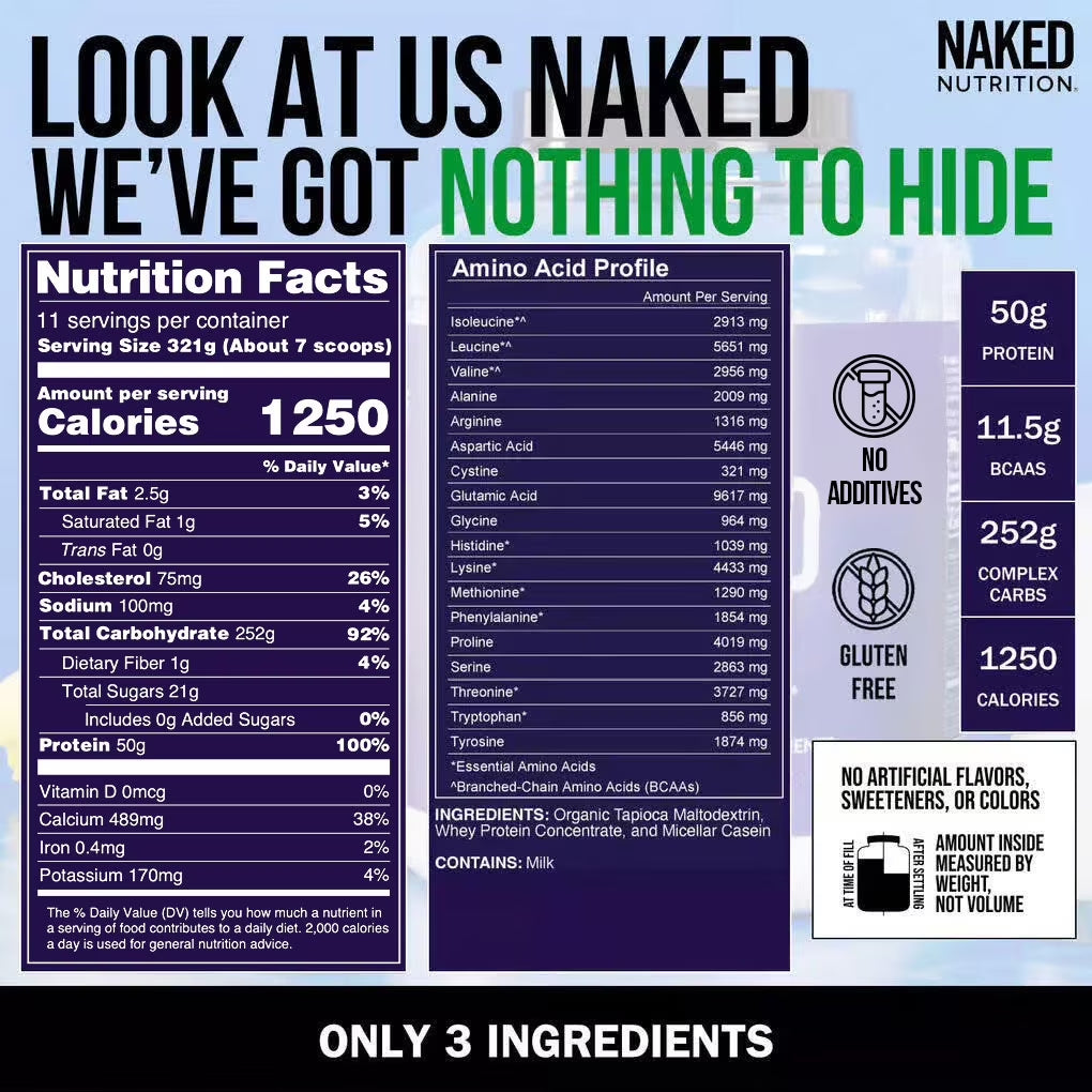 Naked Mass - Natural Weight Gainer Protein Powder - 8 LB Bulk, GMO Free, Gluten Free & Soy Free. No Artificial Ingredients - 1,250 Calories per Serving