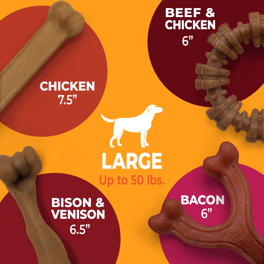Strong Chew Dog Toys, Dog Chew Toys, Made with Real Bacon, Beef, & Chicken, Large, 4 Pack